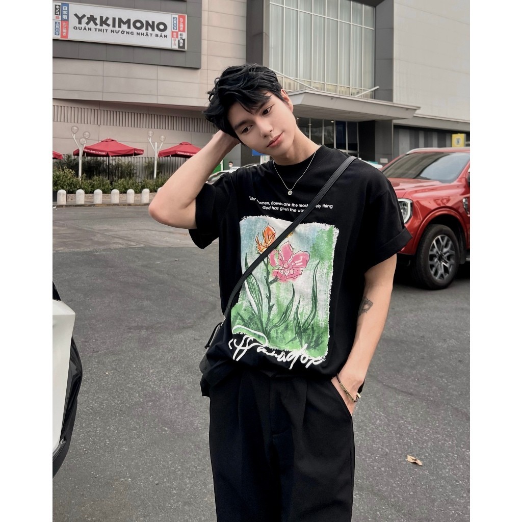 Áo thun form rộng Paradox tay lỡ - Unisex - In hình - LOVELY FLOWER - Đen, Trắng