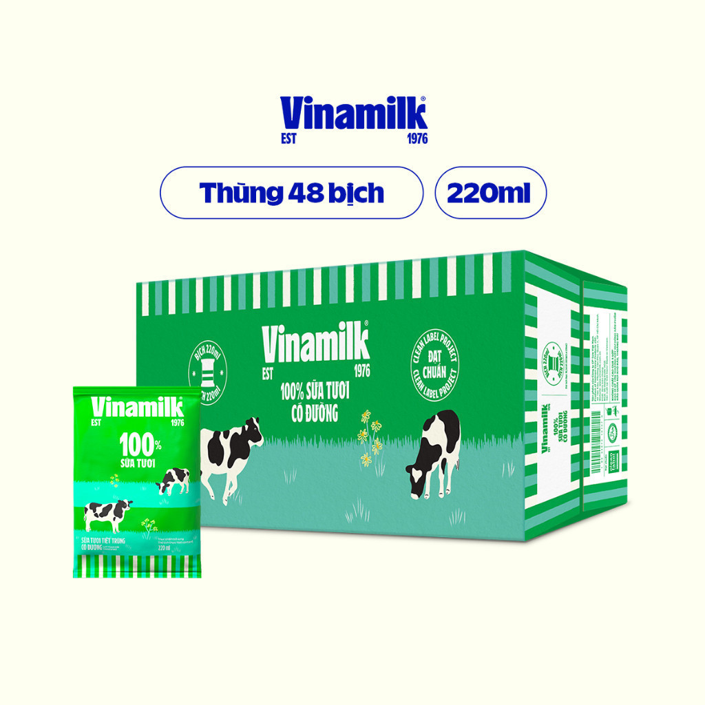 [Vinamilk] Thùng 48 Bịch Sữa Tươi Tiệt Trùng Có Đường Vinamilk 100% Sữa tươi - 220ml/bịch