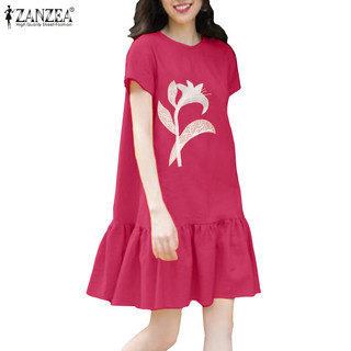 Đầm tay ngắn ZANZEA cổ tròn thêu họa tiết thời trang hàn quốc cho nữ