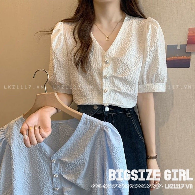 Áo sơ mi nữ tay ngắn Bigsize Áo sơ mi voan form rộng cổ chữ v trắng mùa hè Phong cách Hàn Quốc Thời Trang đẹp