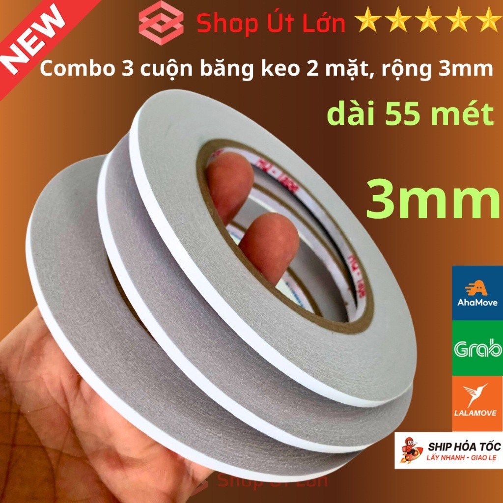 Combo 3 cuộn băng keo 2 mặt, rộng 3mm, dài 55 mét, lõi giấy 3mm, giá tại xưởng - Tân An An