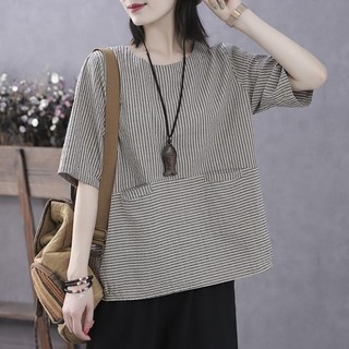Retro nghệ thuật mùa hè mỏng dọc sọc áo thun nữ tay ngắn rời thường ngày kích thước lớn