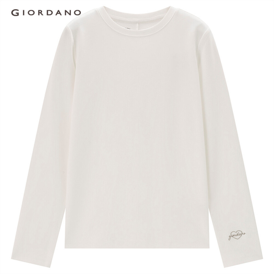 Áo thun GIORDANO 05323803 dài tay thêu cổ tròn co giãn dành cho nữ