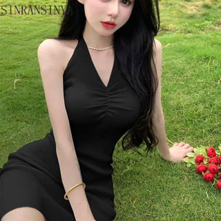 Sinransinya Váy lưng trần màu đen áo gợi cảm nữ treo cổ chữ V cổ eo túi váy hông mùa hè