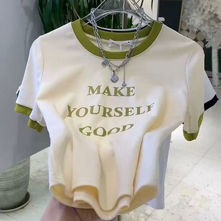 Đơn giản, áo thun nữ, phong cách mới, dáng ôm, cổ tròn, chữ cái, in, nối, màu sắc tương phản, phong cách ngắn, áo, tay ngắn BIQZ