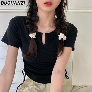 Áo thun nữ DUOHANZI Dây rút xếp li mỏng mùa hè mới cổ chữ V mỏng tay ngắn