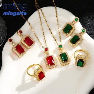 Đá Quý Đỏ Mặt Dây Chuyền Bông Tai Vòng Cổ Thổ Cẩm Bộ Đá Quý Xanh Bốn Mảnh Bộ Phụ Kiện Tiệc