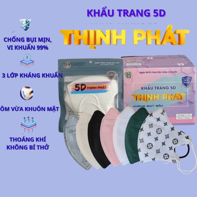 Khẩu Trang 5D Khẩu Trang Thịnh Phát chính hãng (hộp 100 chiếc)  3 lớp kháng khuẩn, ngăn giọt bắn, khói, bụi, tia UV…