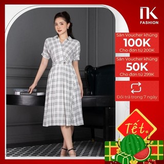 Đầm Nữ Xếp Ly Kẻ Caro NK Fashion Cổ Sơ Mi Tay Cánh Dơi, Chất Liệu Nhập Hàn Cao Cấp Mềm Mịn NKDV2206002