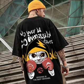 [Plus Size M-8XL] 2024 Nam Quá Khổ Thời Trang Hàn Quốc Rời Mỹ Vintage Boxing Gấu Trúc Tay Ngắn Cổ Tròn Đa Năng Xu Hướng Trang Phục Cặp Đôi