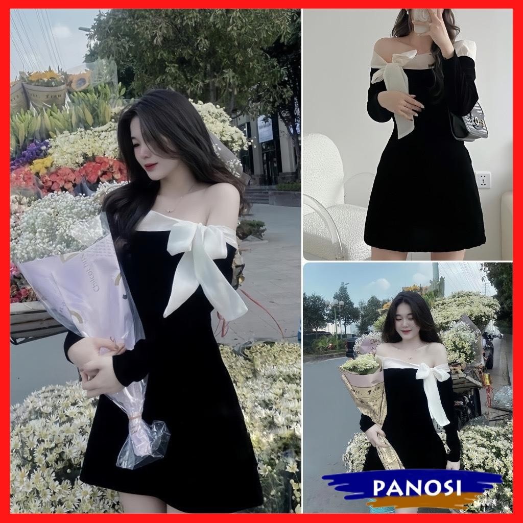 Váy nhung đầm nhung trễ vai kèm nơ lệch xinh xắn cá tính V141 PANOSI