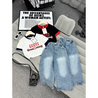 10-32kg Set áo cotton G-C mix quần bò ống suông cho bé gái, quần áo size đại bé gái