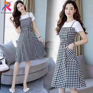 Ruidiandiandian Suspender Kẻ Sọc Nữ Mùa Hè 2024 Mới Giảm Béo Eo Bộ Sưu Tập Dài Vừa Thường Ngày Giả Hai Chữ A Váy