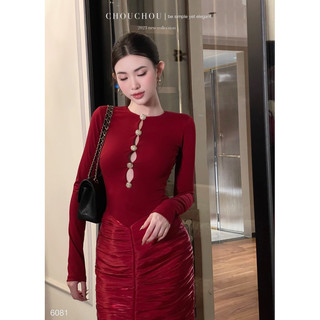 [Ảnh thật cam thường hình cuối] Đầm Body Xếp Nút Chouchou - Đỏ