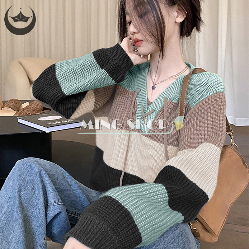 [Shk] Áo len dệt kim sọc cổ điển thu đông dành cho nữ Áo len crop dài tay cổ chữ V GDO