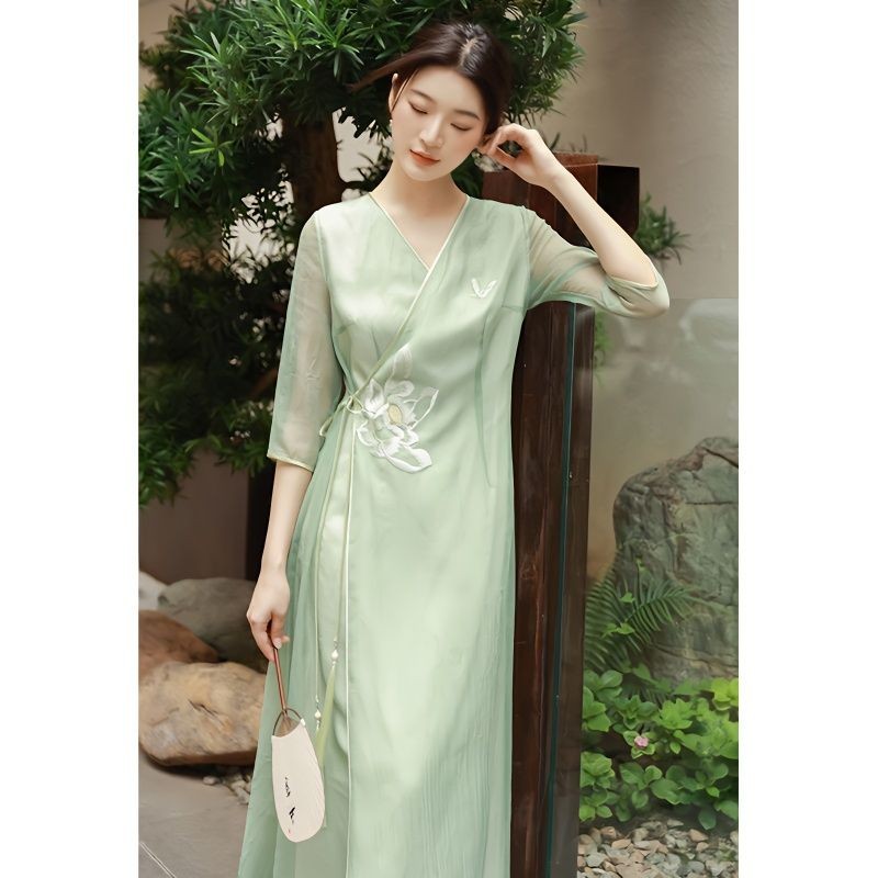 Qianqian Sản Phẩm Mới Tóc Thẳng Thu Đông 2023 Phong Cách Mới Cải Tiến Phong Cách Trung Hoa Phong Cách Trung Hoa Retro Cổ Chữ Thập Hanfu Thêu Ôm Phù Hợp Với Dài Ánh Sáng Mỏng Đầm