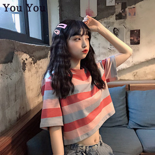 You You Áo thun ngắn tay sọc cầu vồng dáng rộng phong cách Hàn Quốc mới dành cho nữ, áo crop top ngắn dành cho học sinh, hợp thời trang