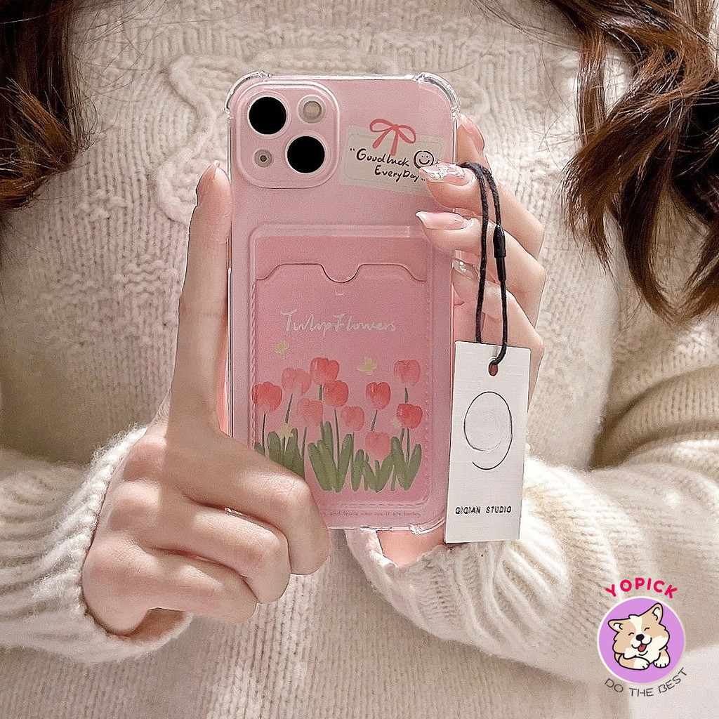 Hoa Tulip Hồng Cho IPhone 15 Ốp Điện Thoại 4 13 12 11 Pro Max X XS XR XS Max 7 8 Plus SE2020 12 Mini 13 Mini Vỏ Điện Thoại Thẻ Vỏ Điện Thoại Đựng Thẻ Chèn Vỏ Mềm Cô Gái KB