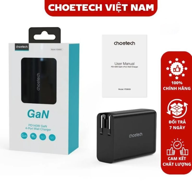 Củ sạc nhanh Choetech GAN Quick Charger 140w 4 cổng (2 USB, 2 Type C) PD6005- Hàng chính hãng