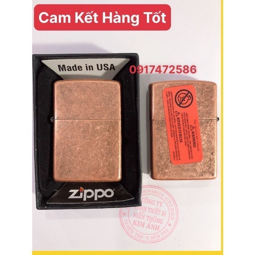 Vỏ Zippo Màu Đỏ Copper Loại Giả Cổ, vỏ bằng đồng, Có tem đỏ