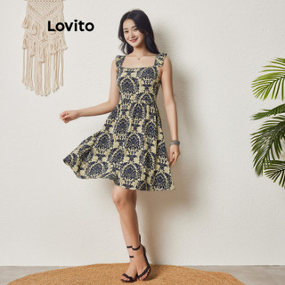 Đầm Lovito boho viền bèo họa tiết in nhiệt đới cho nữ LBL08354