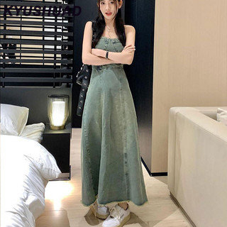 Kyushuad Váy denim một vai mới dài chữ A váy dài eo váy dài dành cho nữ