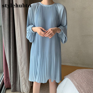 2117 Stylehubto Sang Trọng Cổ Tròn Dài Tay Chảy Voan Xếp Ly Đầm