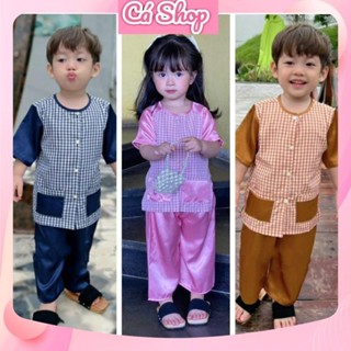 Xả Bộ quần áo bà ba kẻ caro ô vuông nhỏ túi 2 bên cho bé trai bé gái