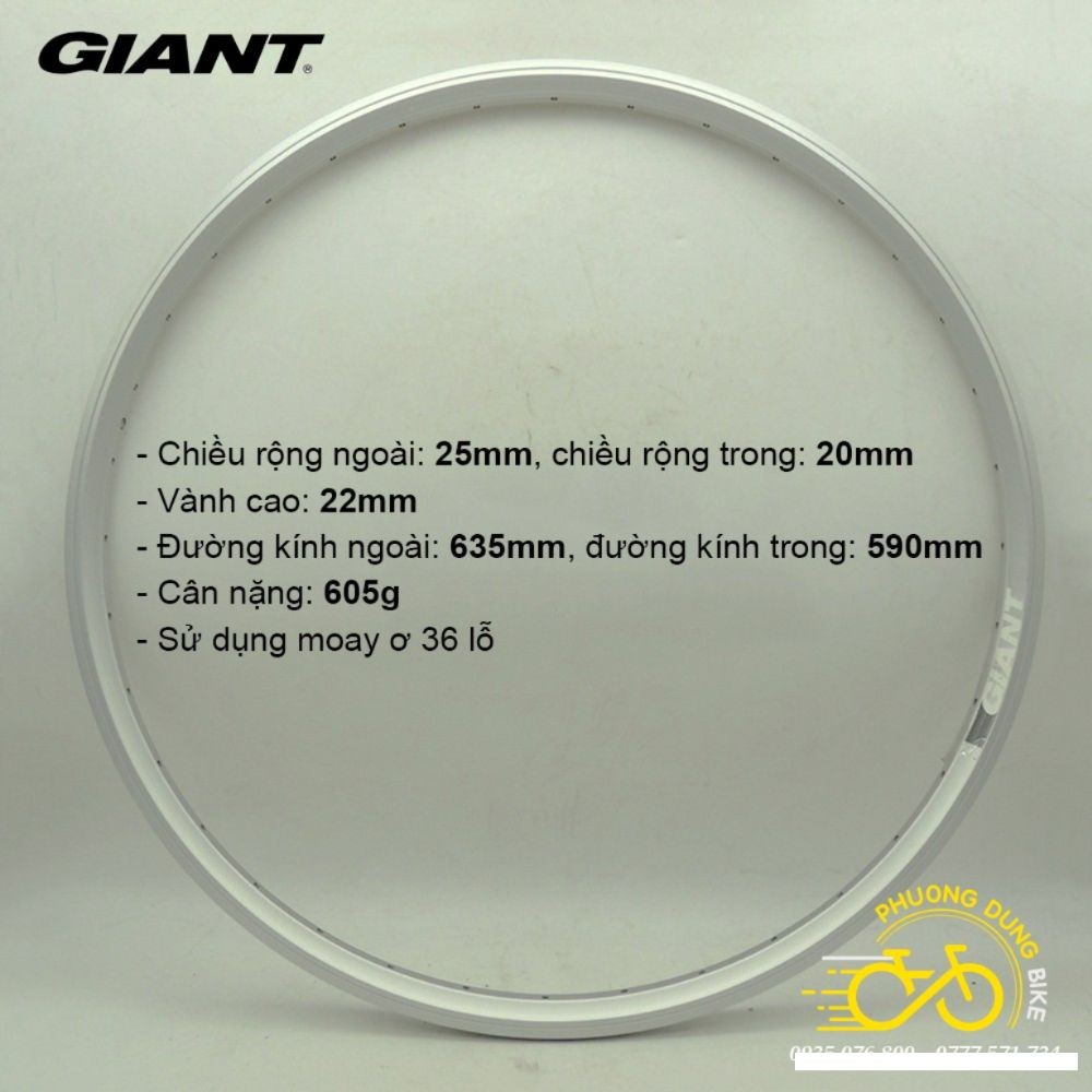 Vành xe đạp nhôm 2 lớp Giant 700Cx22mm 36 lỗ phanh V