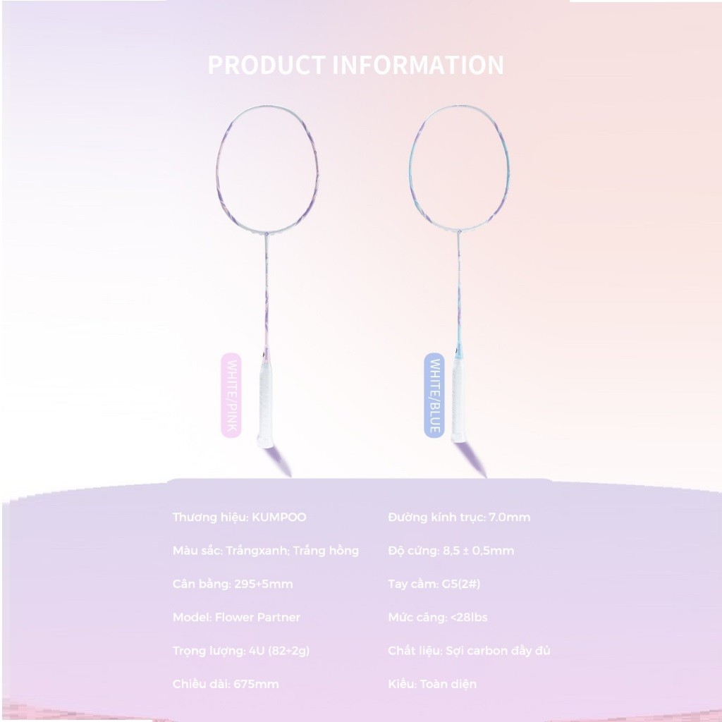 Vợt cầu lông Kumpoo Flower Partner chính hãng 4U carbon công thủ toàn diện căng sẵn 11.5kg tặng quấn