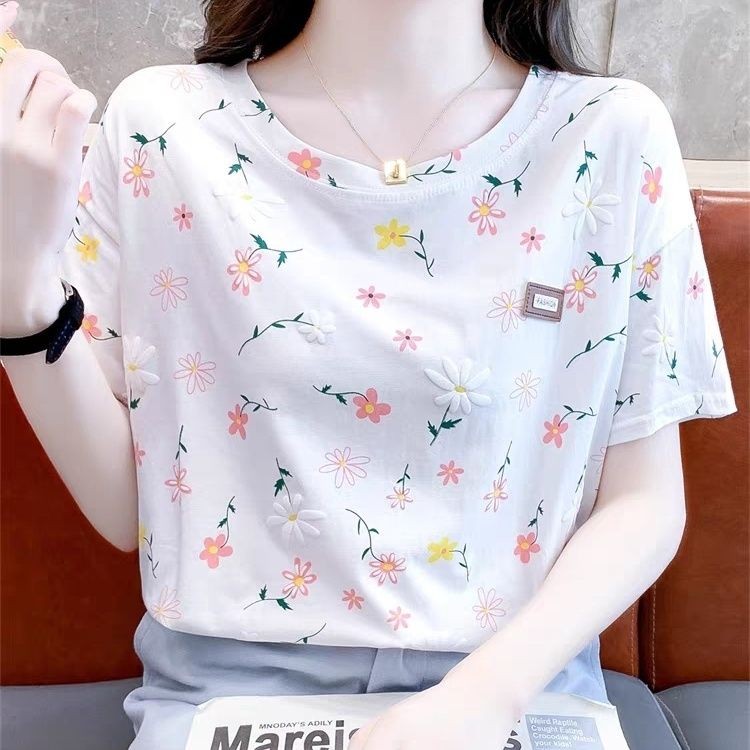 Áo thun nữ tay ngắn Ruidian Top Mùa hè mới dáng rộng nhỏ tươi Áo thun hoa