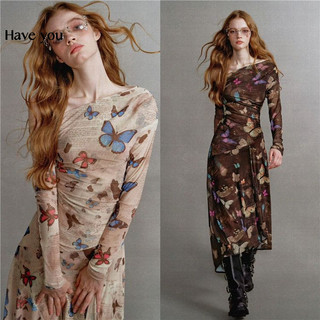 Đầm Dài Tay Trễ Vai In Họa Tiết Bướm Phong Cách Retro Dành Cho Nữ