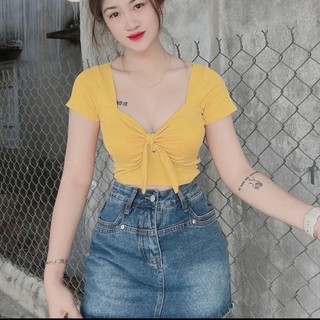 A95 Áo croptop nữ kiểu thun gân len 4 chiều cột nơ  ( ko mút )