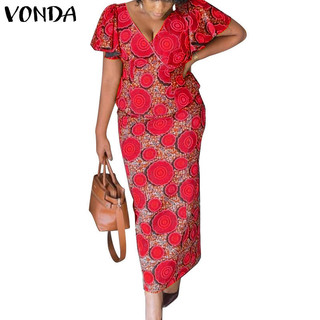 Vonda Nữ Tay Ngắn Cổ Điển In Hình Học Cổ Chữ V + Váy