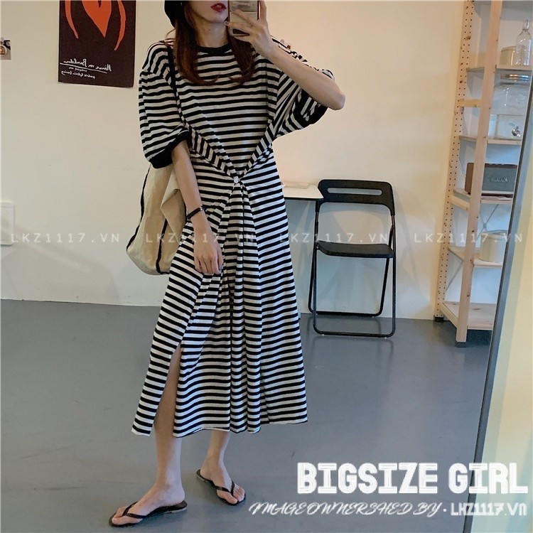 đầm kẻ sọc nữ Bigsize Váy Xuông dài qua gối dáng suông tay ngắn mùa hè Phong cách Hàn Quốc Thời Trang đẹp