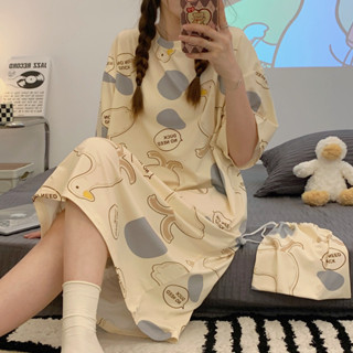 Váy Pyjama, váy ngắn tay hoạt hình Hàn Quốc dành cho sinh viên mặc ở nhà, đồ ngủ mùa hè, mỏng, lớn, dài, dài đến đầu gối