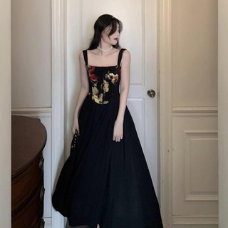Tranh Sơn Dầu Màu Đen Hoa Sling Đầm Nữ Cung Điện Phong Cách Thanh Lịch Retro Phong Cách Pháp Cẩn Thận Dài Đầm / 2.23