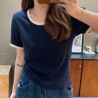 Áo thun nữ DUOHANZI Mùa hè thiết kế mới niche vai phải mỏng cổ chữ u dệt kim ngắn tay