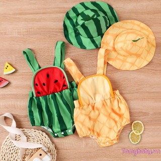 Bé gái 2 bộ trang phục mùa hè co giãn cổ vuông áo liền quần không tay + bộ mũ in hình dưa hấu