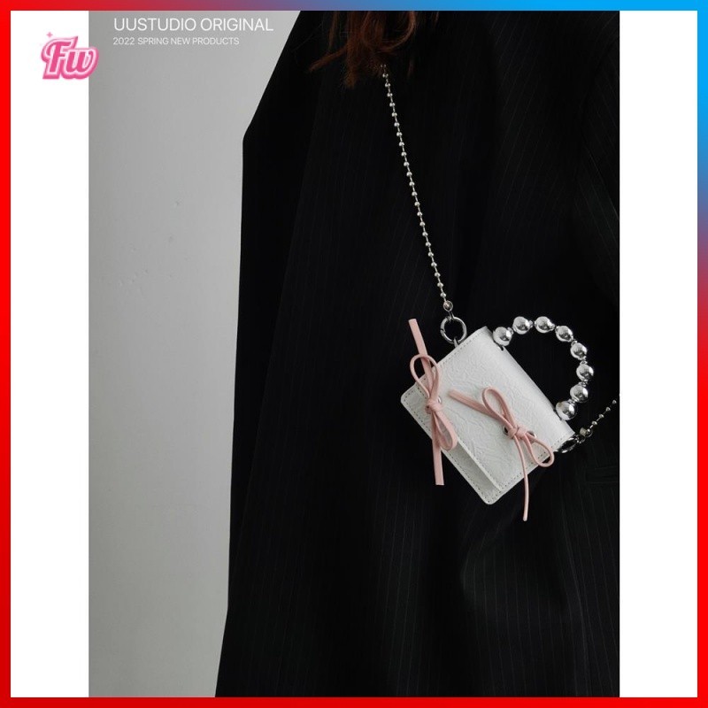 Túi Đựng Tai Nghe Dây Xích Mini Đính Nơ Màu Đen / Hồng Xinh Xắn