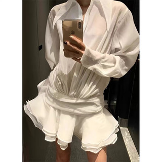Shanmieleng Pháp Xuân Hè Phong Cách Mới Gợi Cảm Lãng Mạn Cổ Chữ V Slim-fit Ôm Hơn Nhìn Xù Trắng Lười Áo Sơ Mi Đầm