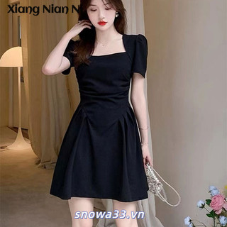 Xiang NIAN NI Mùa hè Hepburn phong cách thiết kế thích hợp eo giảm béo khí chất Pháp váy đen nhỏ cổ vuông thuần khiết ham muốn ngọt ngào và cay xu hướng váy
