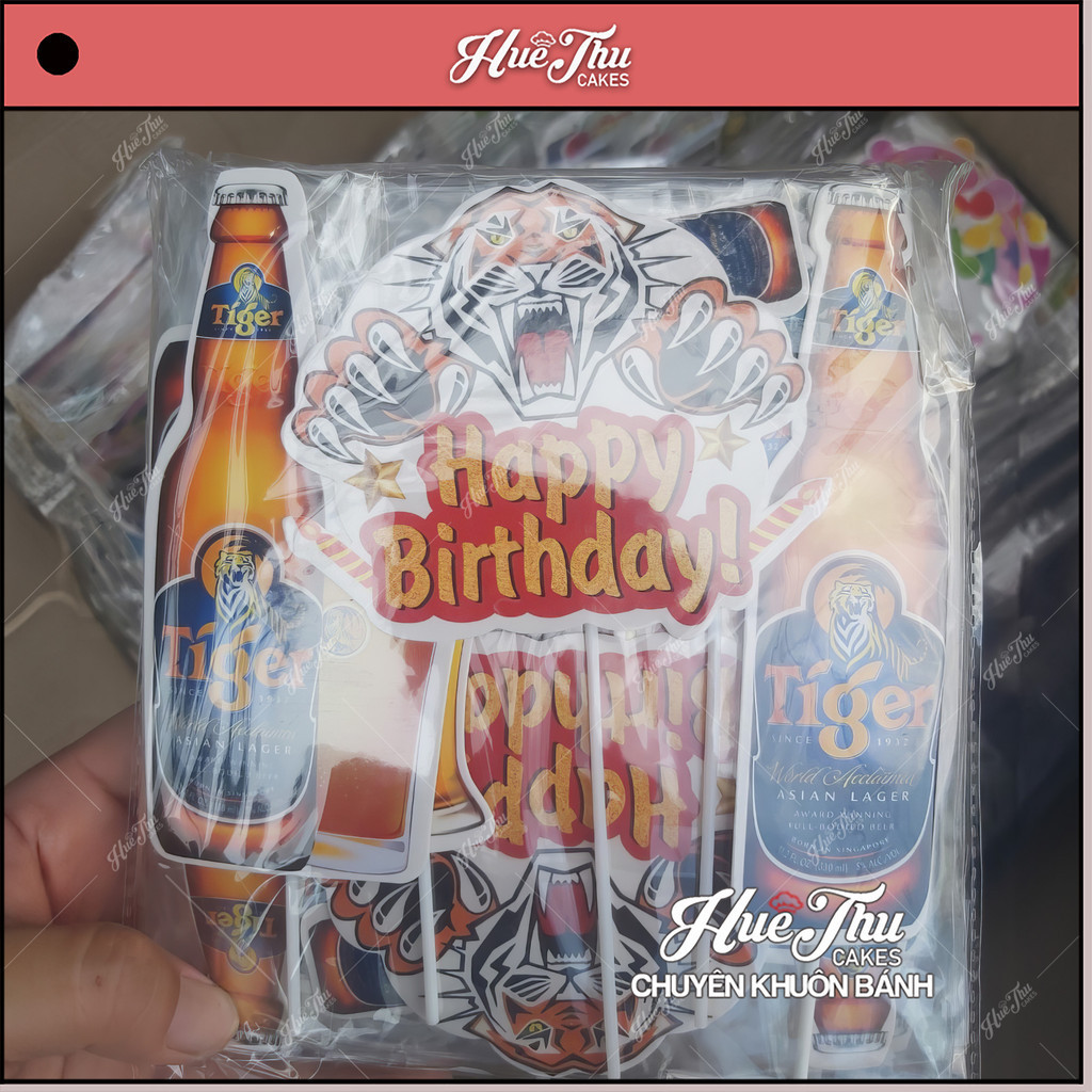 Que cắm Happy Birthday Bia Tiger phụ kiện trang trí bánh sinh nhật, bánh rau câu, bánh kem