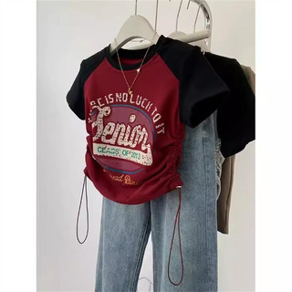 Áo thun tay ngắn 100% cotton raglan cổ tròn in phong cách Mỹ Áo dây rút dành cho nữ