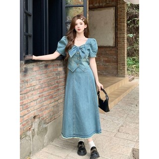 Size lớn phong cách hàn quốc retro denim phù hợp với cao cấp nơ nữ mùa hè 2024 eo giảm béo váy
