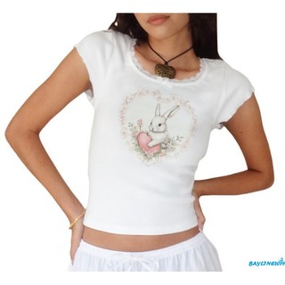 Áo Crop top mùa hè của Bay-Nữ Áo thun cổ tròn màu trắng cổ tròn ngỗng / thỏ / hươu in hình