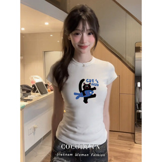 Cocorygirl Áo thun ngắn tay in hình mèo đen gợi cảm mùa hè Quần áo nữ cổ tròn