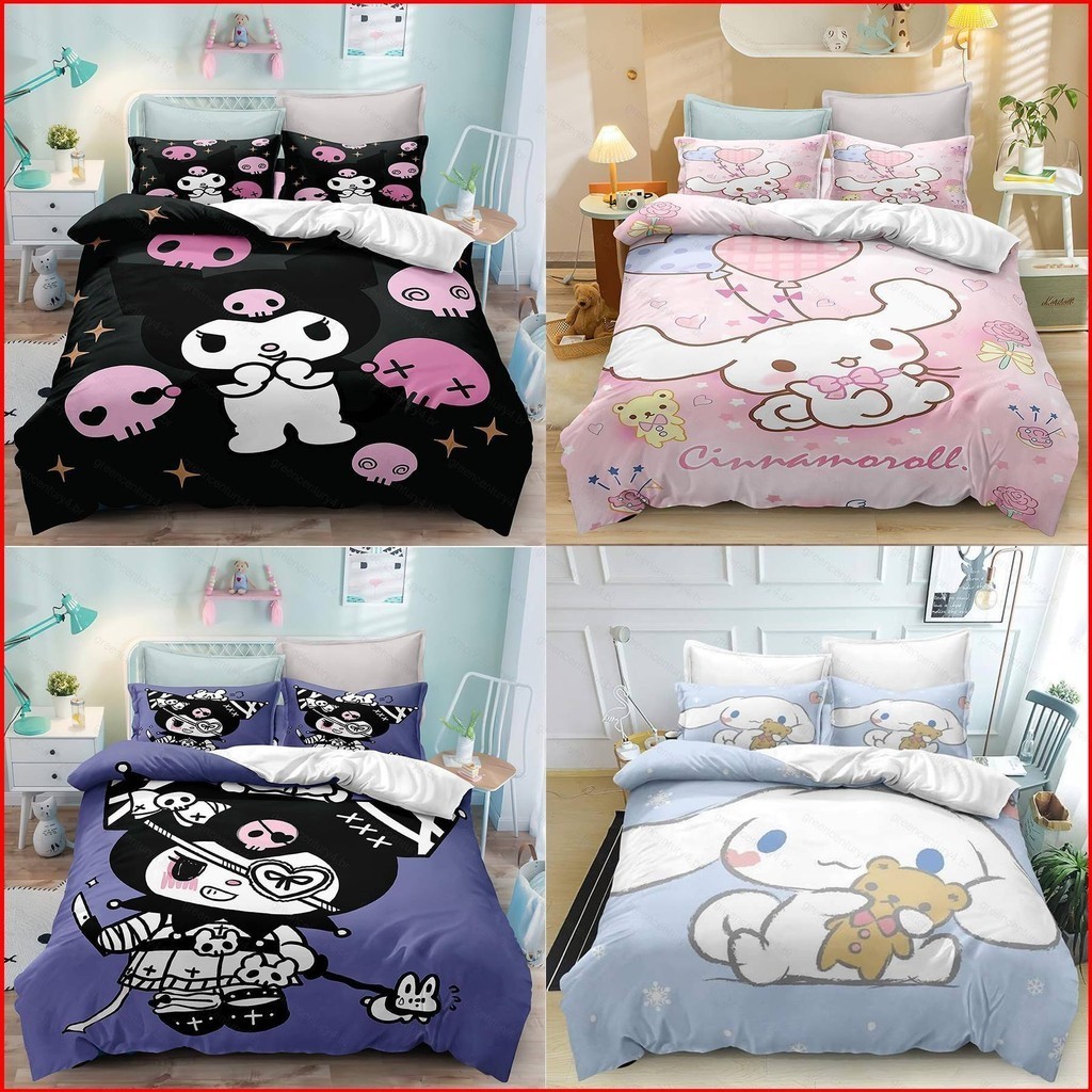 G4 Sanrio Cinnamoroll Kuromi 3in1 Bộ chăn ga gối ga trải giường Vỏ gối Phòng ngủ Bộ đồ ký túc xá có thể giặt được