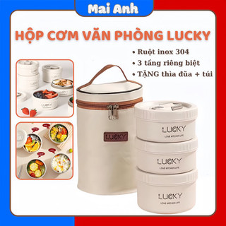 Hộp cơm văn phòng, Hộp cơm giữ nhiệt LUCKY, Tặng kèm thìa, đũa, túi giữ nhiệt.