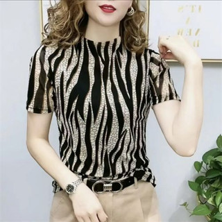 Mùa hè Phong cách mới Áo thun ngắn tay nữ cổ cao nửa cổ thời trang trung niên